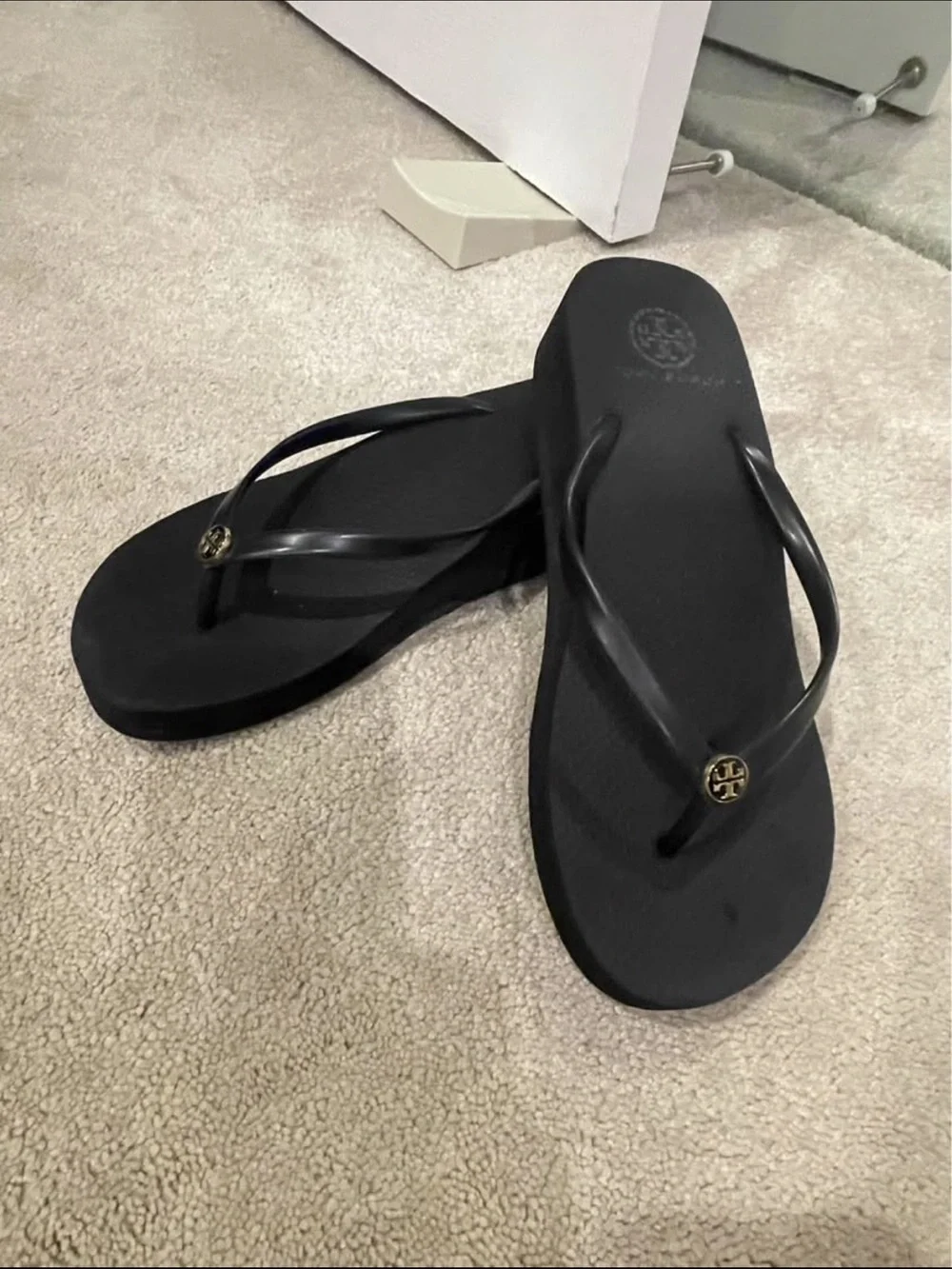Tory Burch platform Black Flip Flops with Gold Logo Medallions